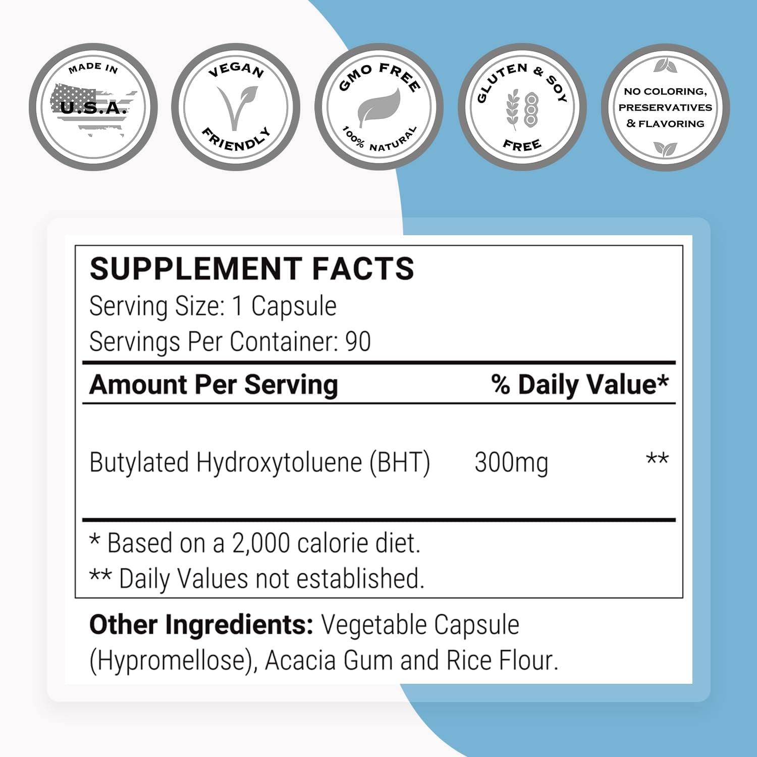 '- BHT 300 Mg per Day - Butylated Hydroxytoluene - Powerful Antioxidant & Immune Support - anti Aging Supplement | Non-Gmo & Gluten Free - 90 Vegetarian Capsules 