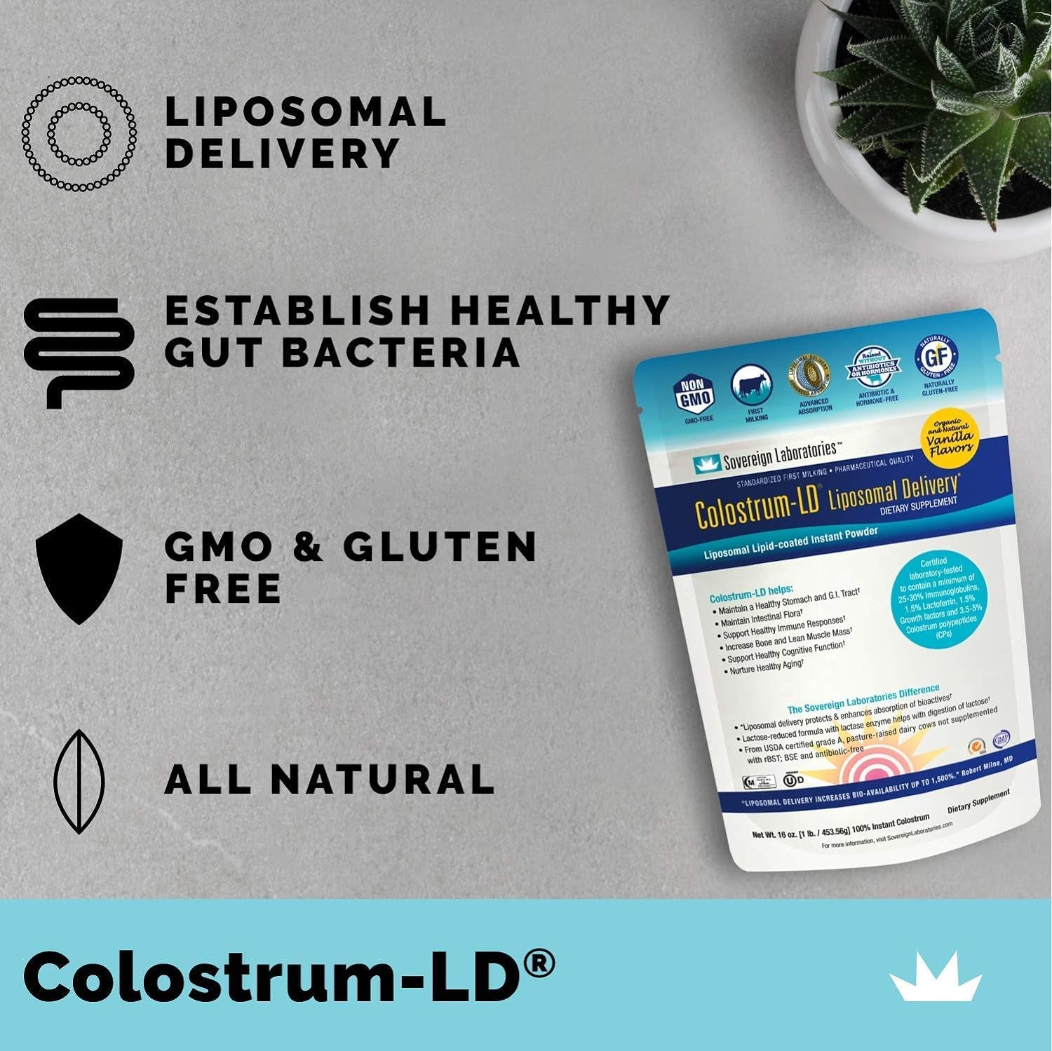 Colostrum-Ld Liposomal Delivery - Colostrum Powder - Gluten-Free, Lactose-Reduced - 34 Servings - Sovereign Laboratories - 6 Oz Vanilla