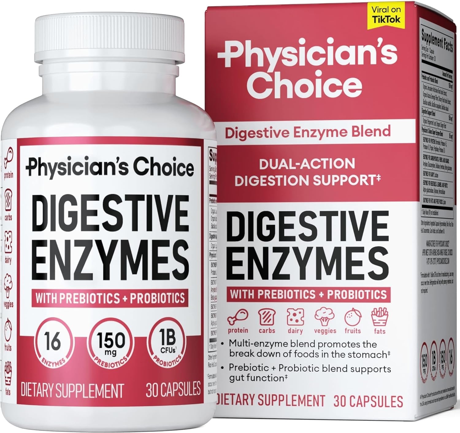 Digestive Enzymes - Multi Enzymes, Bromelain, Organic Prebiotics & Probiotics for Digestive Health & Gut Health - Bloating & Meal Time Discomfort - Dual Action - All Diets - 30 CT 