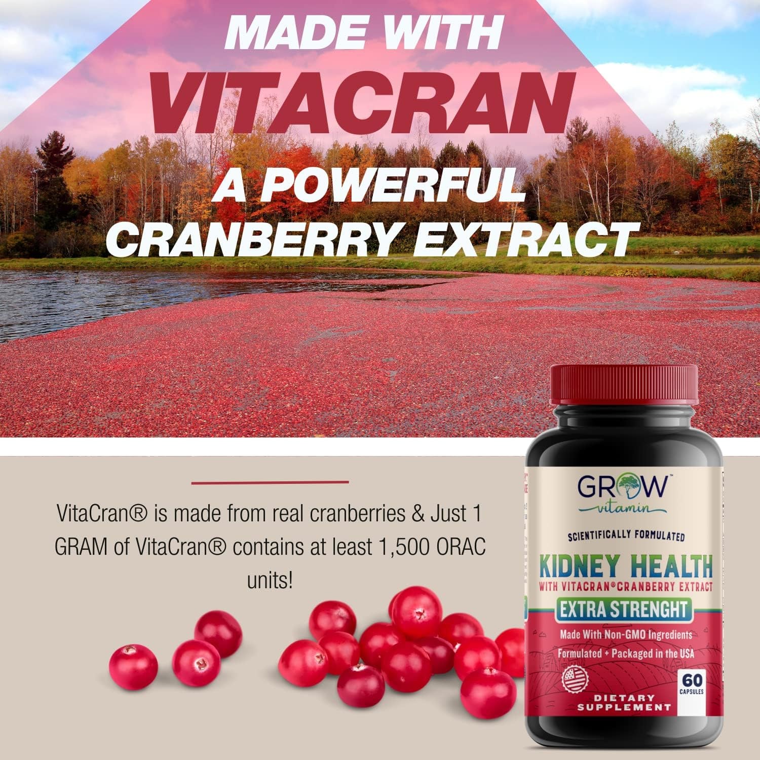 Grow Vitamin Premium Kidney Cleanse Supplement – Powerful Kidney Support Formula with Cranberry Extract Helps Support Healthy Kidneys & Urinary Tract Support– 60 Vegetarian Capsules