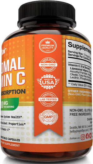 Nutriflair Liposomal Vitamin C 1700Mg, 180 Capsules - High Absorption, Fat Soluble VIT C, Antioxidant Supplement, Higher Bioavailability Immune System Support & Collagen Booster, Non-Gmo, Vegan Pills