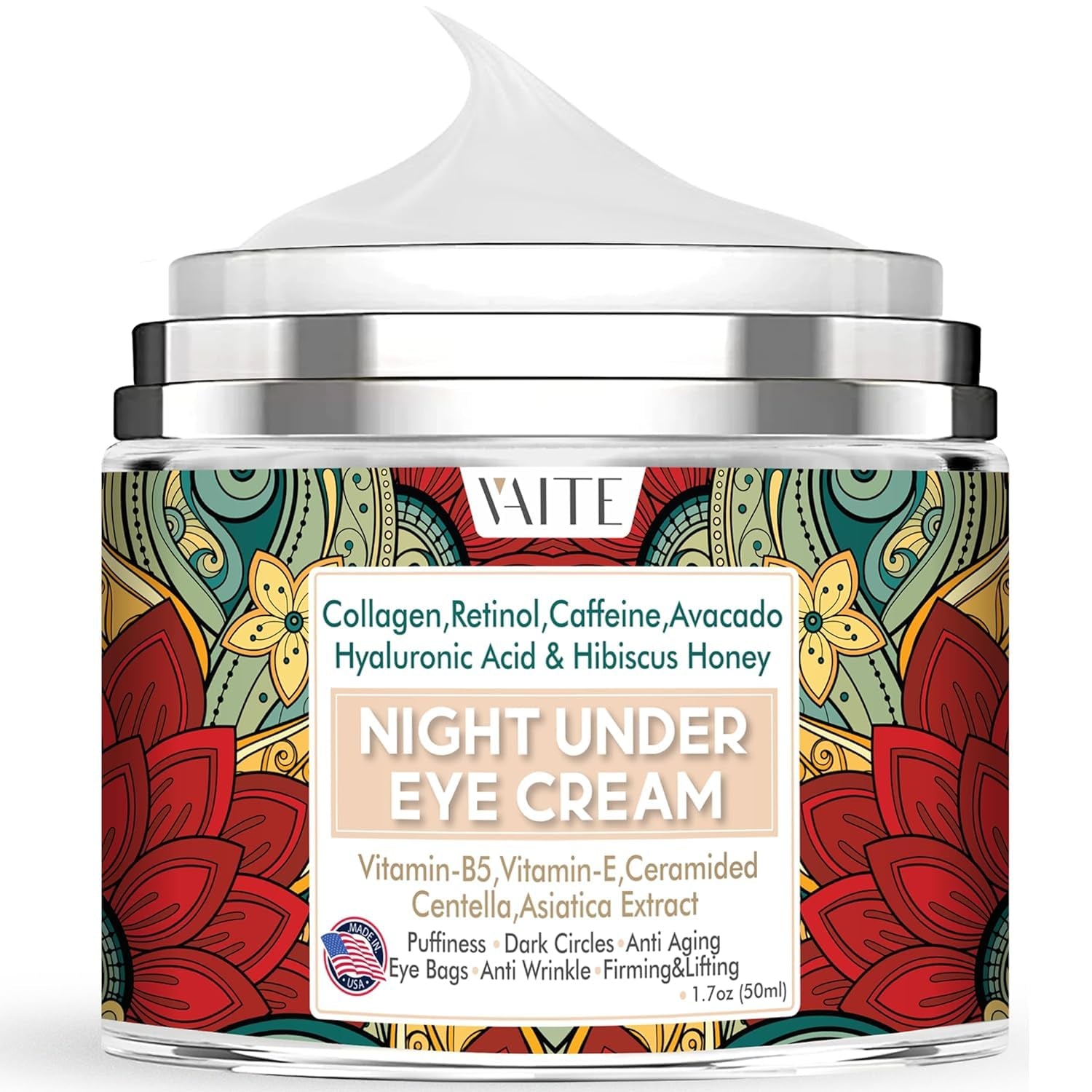 Under Eye Cream with Collagen, Retinol, Caffeine, Avacado Hyaluronic Acid & Hibiscus Honey for Night and Day with Vitamin B5, E for Puffiness Circles anti Aging Eye Bags and anti Wrinkle