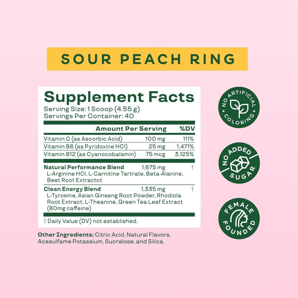 Bloom Nutrition Original Pre Workout Powder, Amino Energy W/Beta Alanine, 85Mg Natural Caffeine from Green Tea Extract, Sugar Free, Keto Friendly Drink Mix for Low Intensity Workouts, Sour Peach Ring