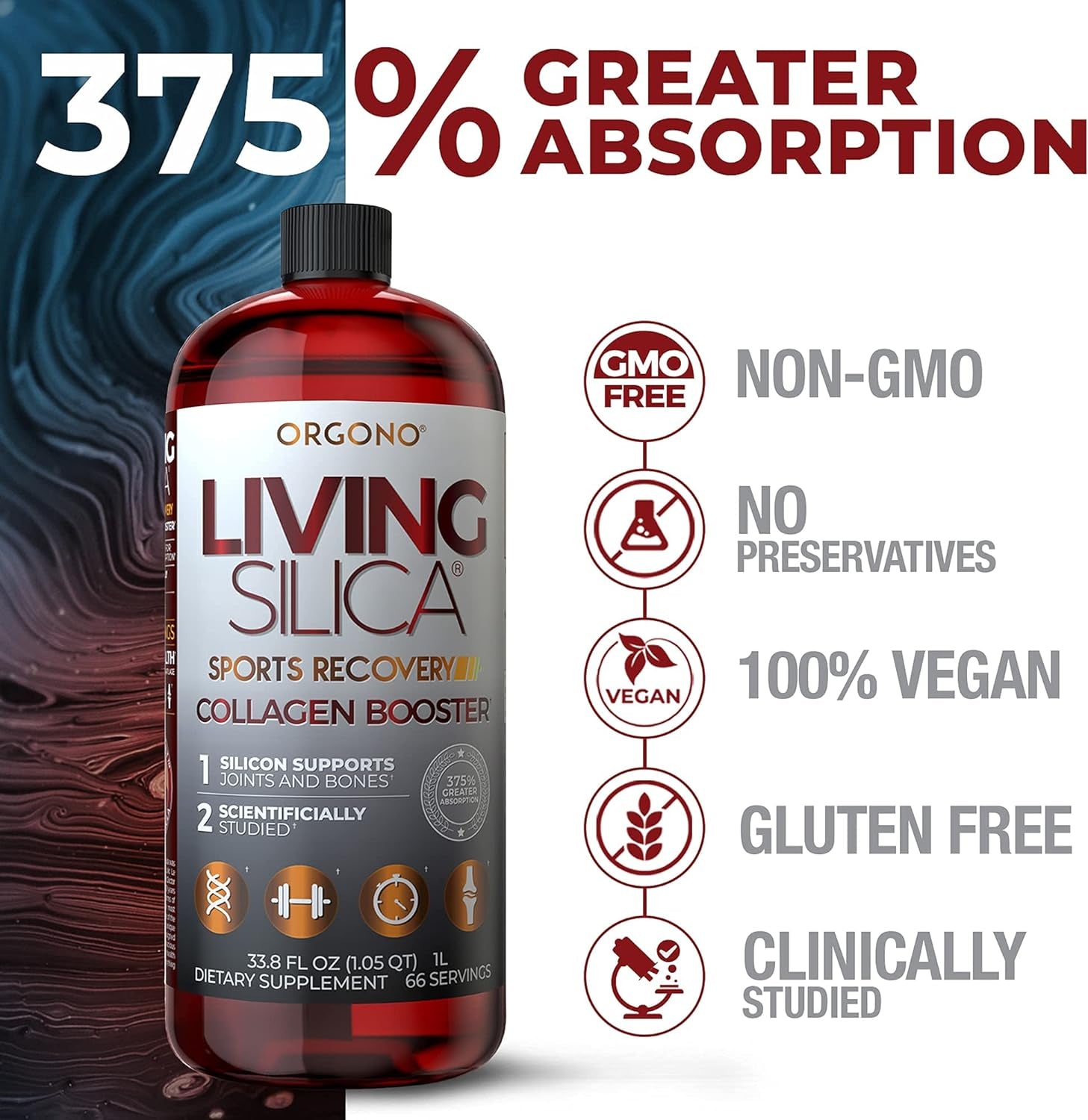 Living Silica Sports Recovery | Vegan Joint Recovery | Pre & Post Workout Recovery Supplement | Supports Tendon, Ligament and Cartilage Health, Energy and Endurance. 33.8 Fl Oz