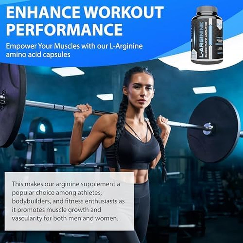 L Arginine Capsules, Nitric Oxide Booster, Amino Acid Supplement for Men and Women, Helps Build Muscle & Strength and Boost Energy, Blood Flow Support - 90 Caps