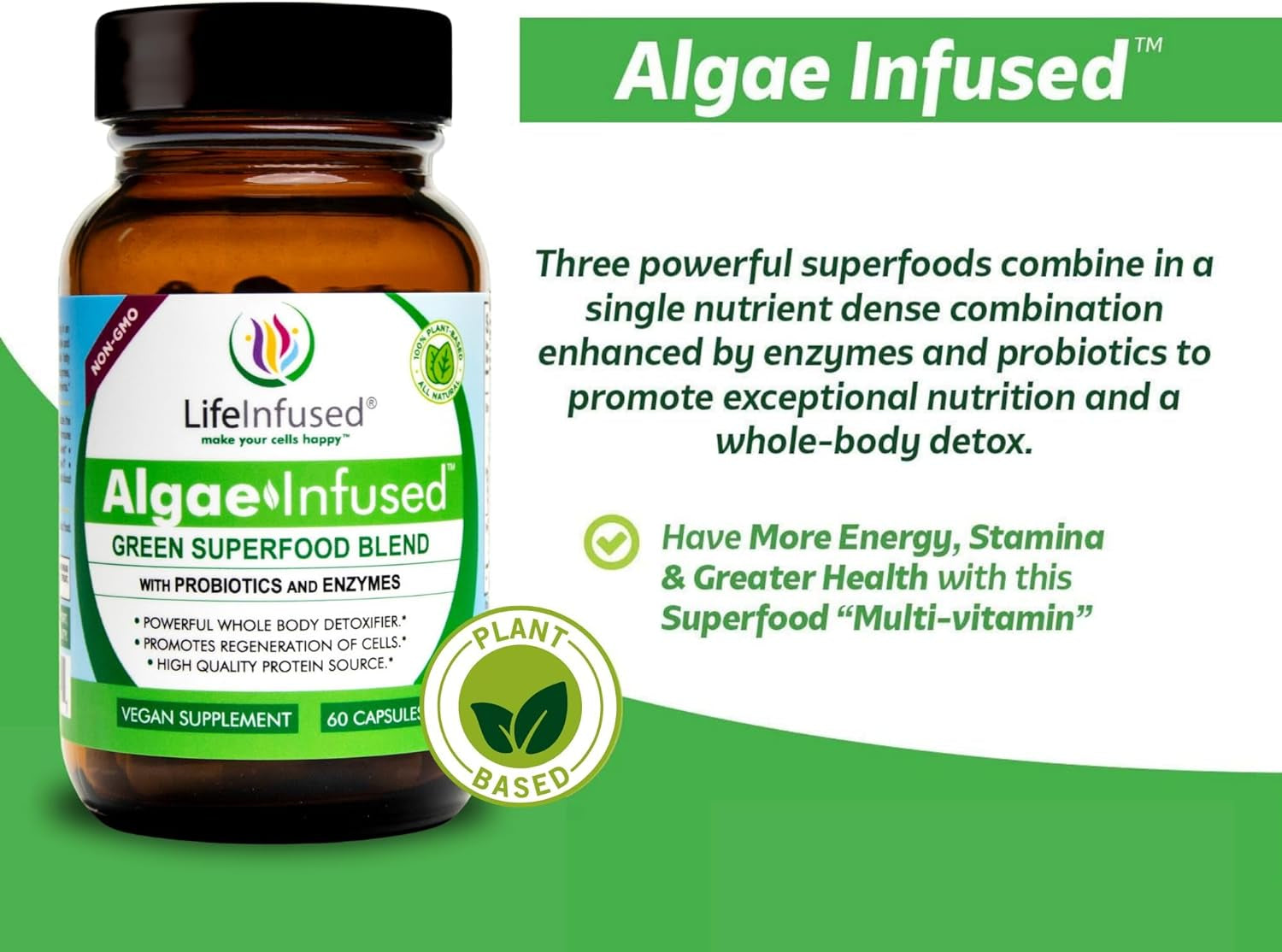 Life Infused Algae Infused - Premium Green Superfood Blend, Spirulina, Chlorella, Probiotics & Enzyme for More Energy, Digestion, Detox & Immune Support: 60 Caps