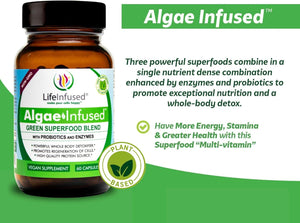 Life Infused Algae Infused - Premium Green Superfood Blend, Spirulina, Chlorella, Probiotics & Enzyme for More Energy, Digestion, Detox & Immune Support: 60 Caps