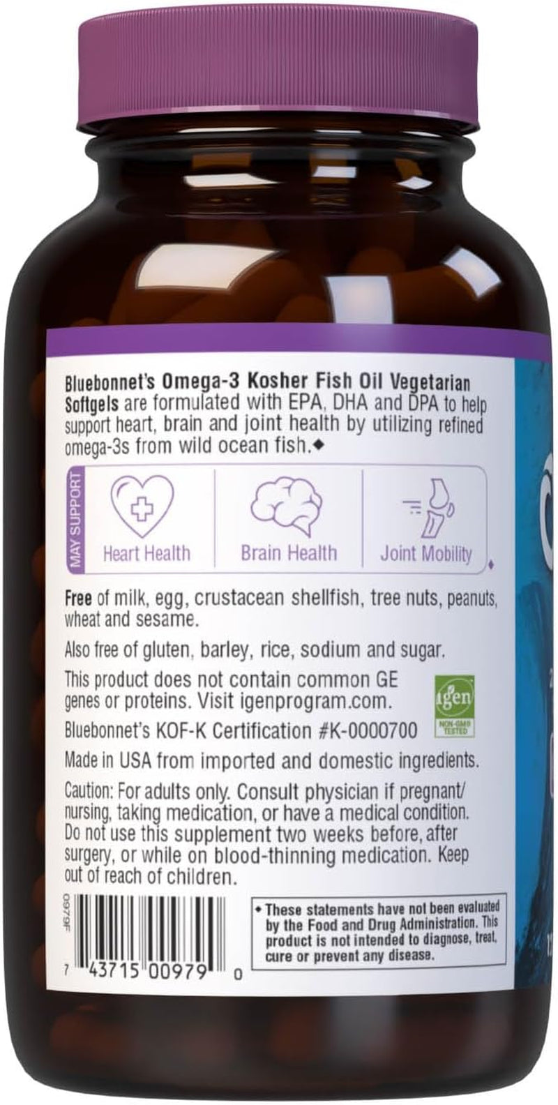 Nutrition Omega-3 Kosher Fish Oil, Natural Triglyceride Form, Gluten-Free, Dairy-Free, Kosher Certified, Non-Gmo, 3Rd Party Tested, Molecularly Distilled, 120 Vegetarian Softgel, 60 Serving