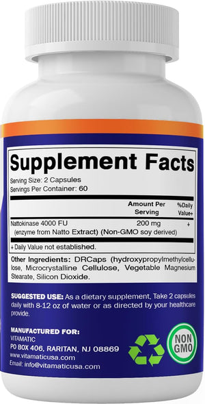 Vitamatic 2 Packs Nattokinase Supplement 4,000 FU Servings, 120 Delayed Released Capsules - Survives Stomach Acids - Non-Gmo & Gluten Free - Made in the USA