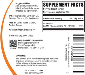 .Com Vitamin K2 Softgels - Vitamin K2 MK7, Vitamin K2 Supplement, Vitamin K2 100 Mcg - MK7 Vitamin K2 for Bones, Gluten Free - 1 Softgel per Serving, 365 Softgels