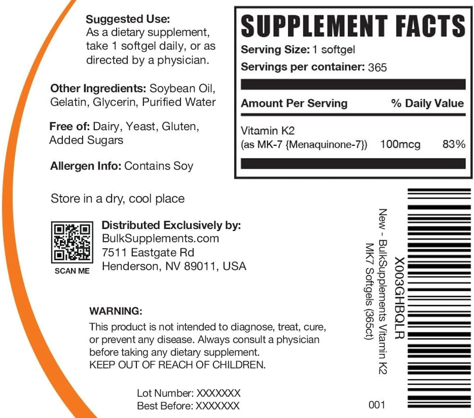 .Com Vitamin K2 Softgels - Vitamin K2 MK7, Vitamin K2 Supplement, Vitamin K2 100 Mcg - MK7 Vitamin K2 for Bones, Gluten Free - 1 Softgel per Serving, 365 Softgels