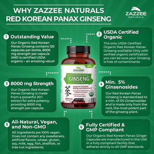 Zazzee USDA Organic Red Korean Panax Ginseng 20:1 Extract, 8000 Mg Strength, 5% Ginsenosides, 120 Vegan Capsules, Standardized and Concentrated 20X Root Extract, 100% Vegetarian, All-Natural, Non-Gmo 