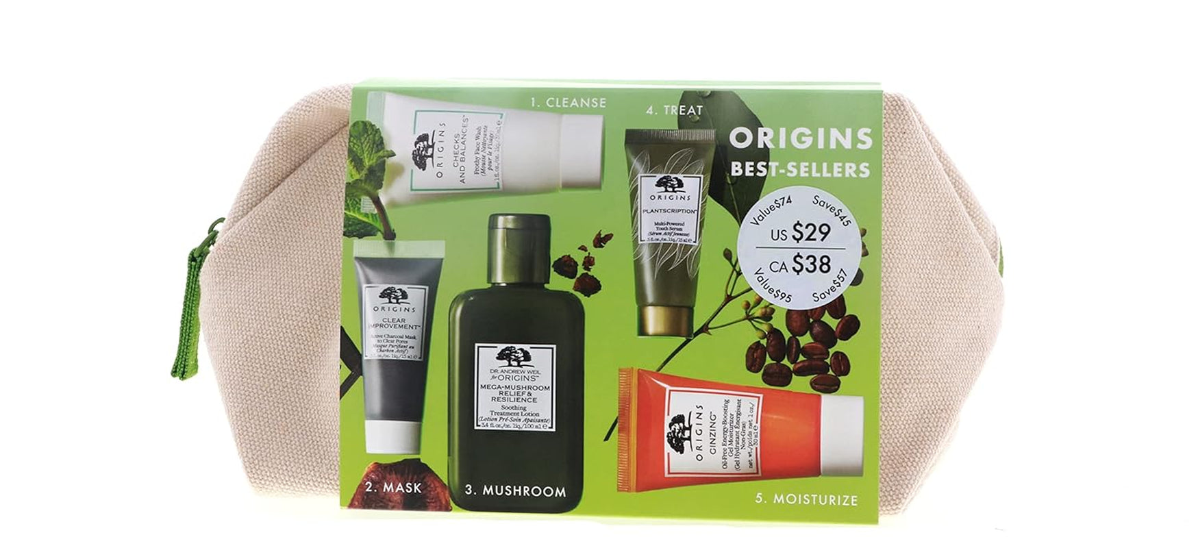 Origins Best Sellers Set for Women - 5 Pc 1Oz Checks Face Wash, 3.8Oz Lotion, 0.5Oz Clear Charcoal Face Mask,1.62Oz Serum, 1.69Oz Moisturizer