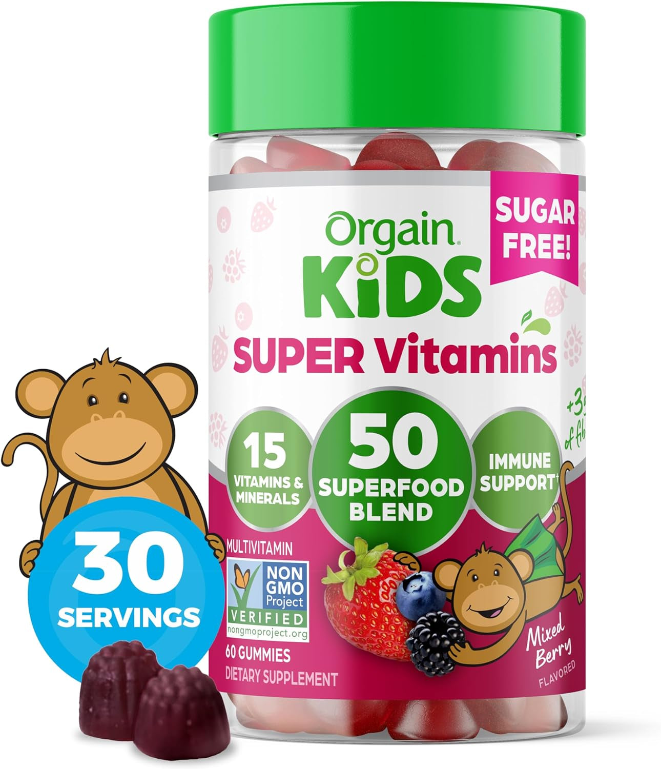 Orgain Kids Sugar Free Multivitamin Gummies, Vegan, 50 Superfoods, 15 Vitamins and Minerals, Immune Support and 3G of Fiber, Mixed Berry, Ages 4+, 1 Month Supply (60 Gummies)