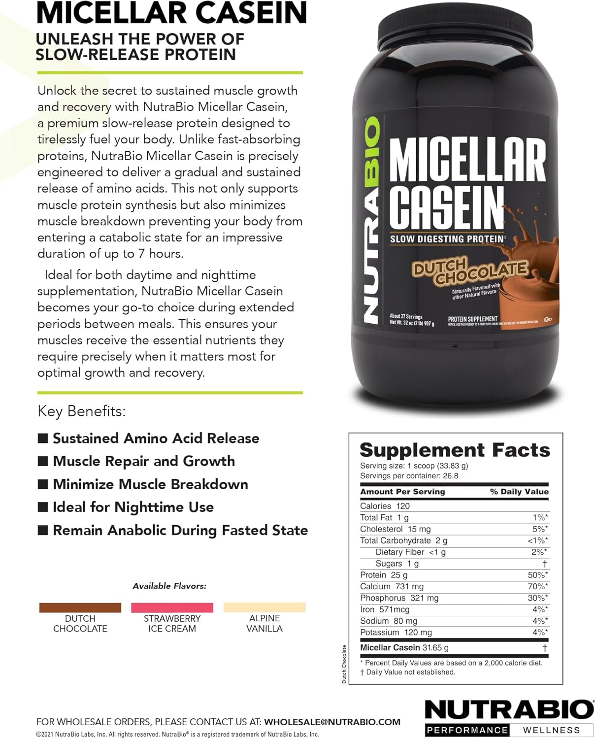 Nutrabio Micellar Casein Protein Powder, 2 Lbs, Dutch Chocolate 