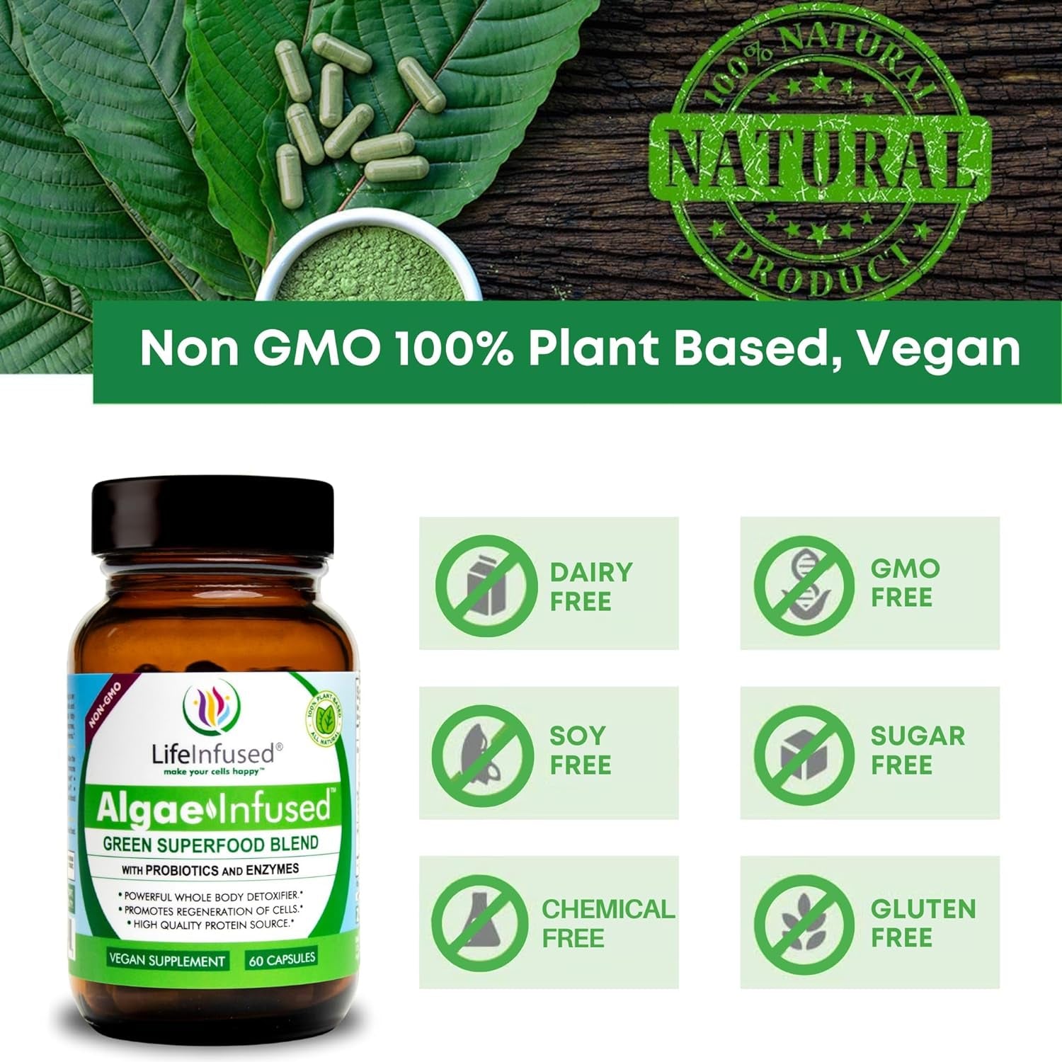 Life Infused Algae Infused - Premium Green Superfood Blend, Spirulina, Chlorella, Probiotics & Enzyme for More Energy, Digestion, Detox & Immune Support: 60 Caps