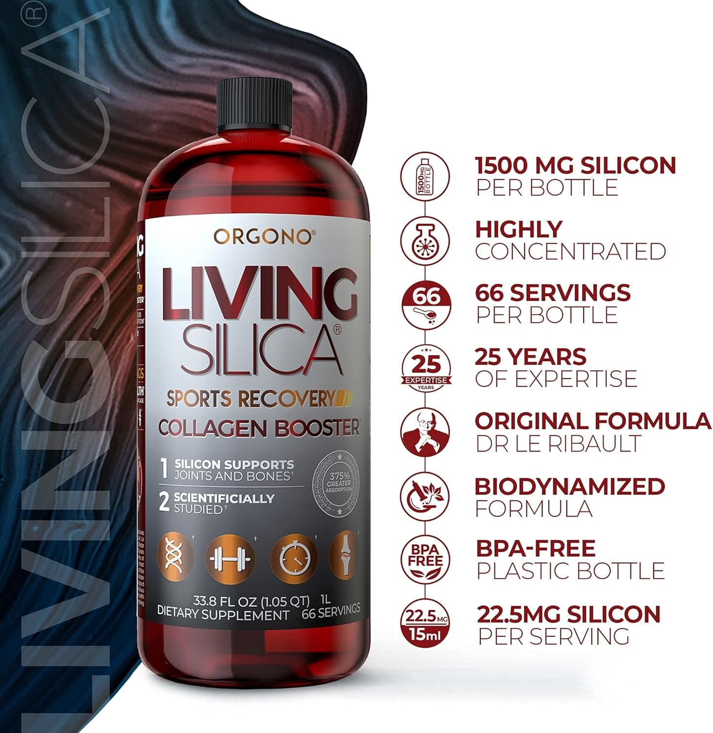 Living Silica Sports Recovery | Vegan Joint Recovery | Pre & Post Workout Recovery Supplement | Supports Tendon, Ligament and Cartilage Health, Energy and Endurance. 33.8 Fl Oz