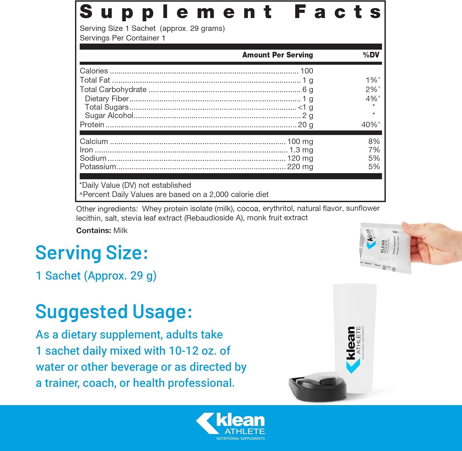 Klean ATHLETE Klean Isolate | Whey Protein Isolate Enhances Daily Protein and Amino Acid Intake for Muscle Integrity* | NSF Certified for Sport | 10 Sachets | Natural Chocolate Flavor