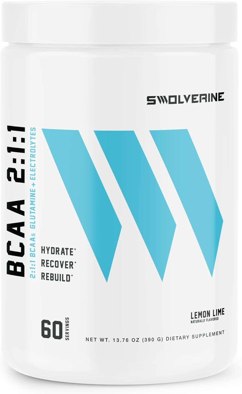 Swolverine BCAA 2:1:1 | Electrolyte Recovery Drink, Branched Chain Amino Acids with L-Glutamine, Hydrating Formula, (60 Servings) (Lemon Lime) 