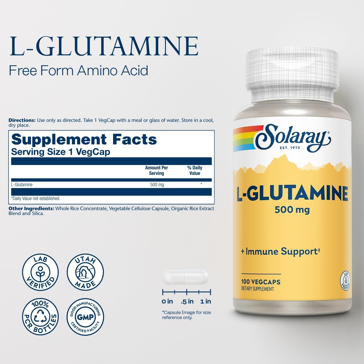 L Glutamine Capsules 500 Mg - Immune Support Supplement - Free Amino Acid - Lab Verified, 60-Day Money-Back Guarantee - 100 Servings, 100 Vegcaps