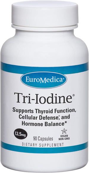 Euromedica Tri-Iodine, 6.25Mg, 90 Capsules - Potassium Iodide, Sodium Iodide & Molecular Iodine - Three Beneficial Forms of Iodine - Supports Healthy Thyroid & Immune Function - 90 Servings