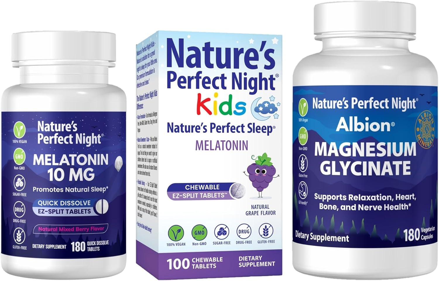 Nature'S Perfect Night Bundle | Melatonin 10Mg | Kids Melatonin 1Mg | Magnesium Glycinate | 180 Count | 100 Count | 180 Count | Sugar Free | Gluten Free | Non-Gmo | Vegan 