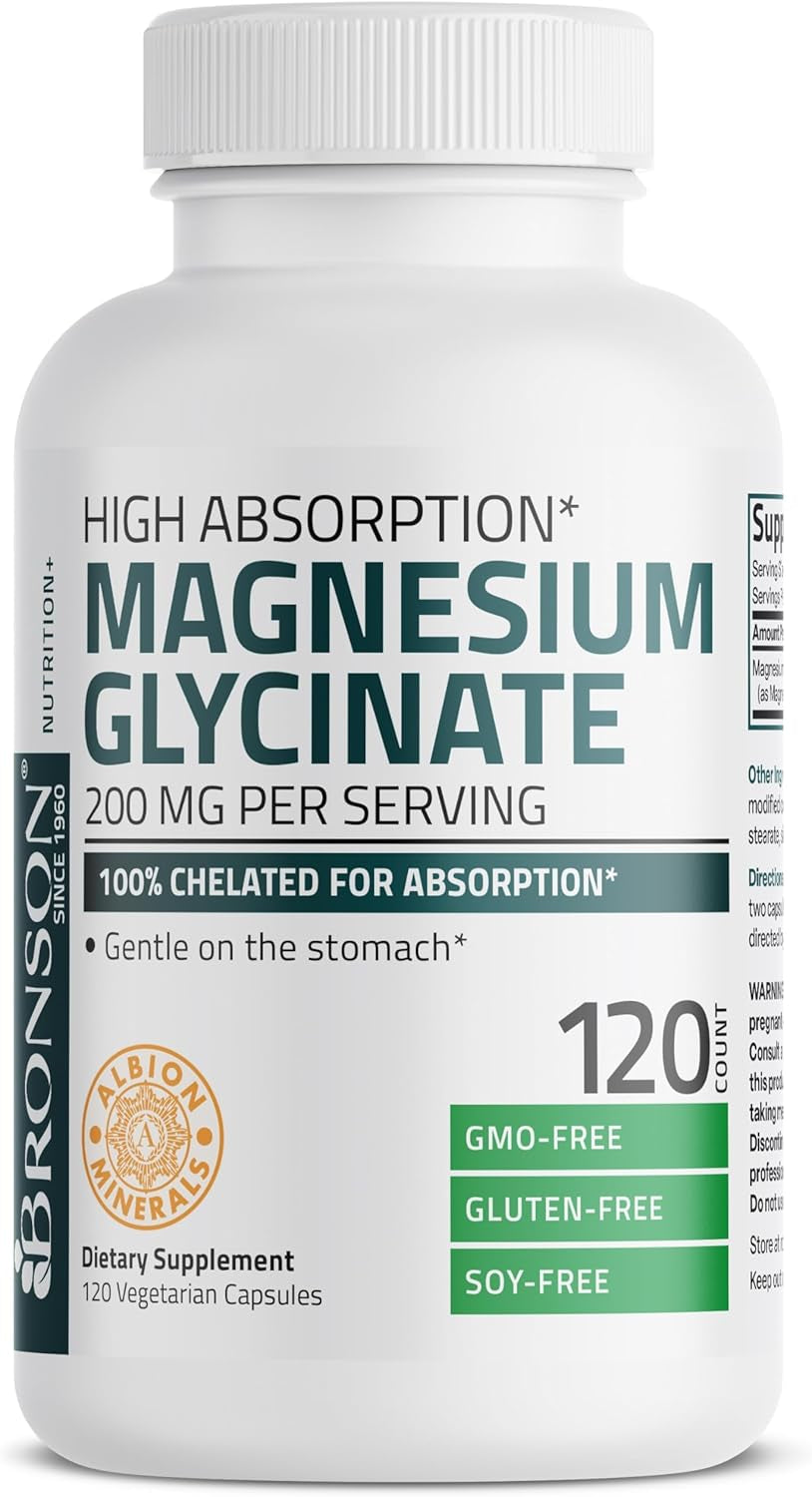 Bronson Magnesium Glycinate 200 MG per Serving Chelated for High Absorption, Gentle on Stomach, Non-Gmo, 60 Vegetarian Capsules