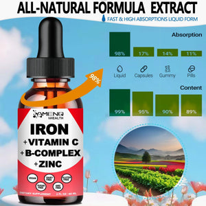 Liquid Iron Supplement W/ Vitamin C, A, B-Complex, Vegan Iron Drops High Potency Liquid Vitamin & Iron Supplements for Women, Men & Children -Support Red Blood Cell, Energy, Anemia & Fatigue