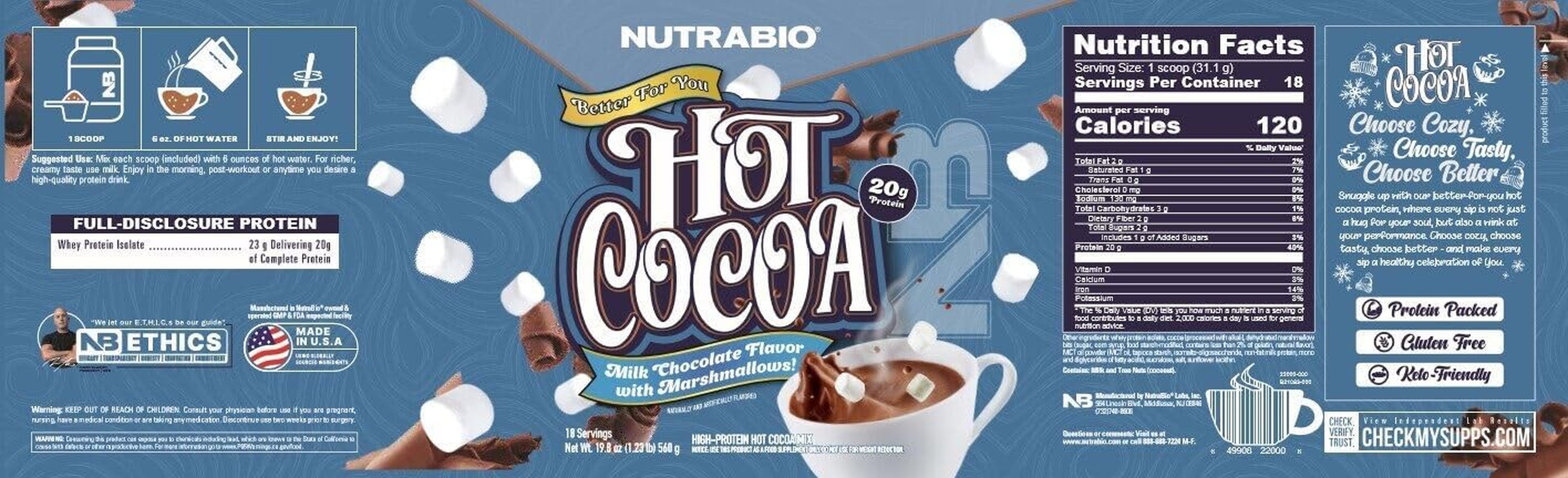 Nutrabio – Hot Chocolate Protein Powder – Support Muscle Recovery, Strength and Size – Low Calorie, Low Carb – 18 Servings – 20 Grams of Protein