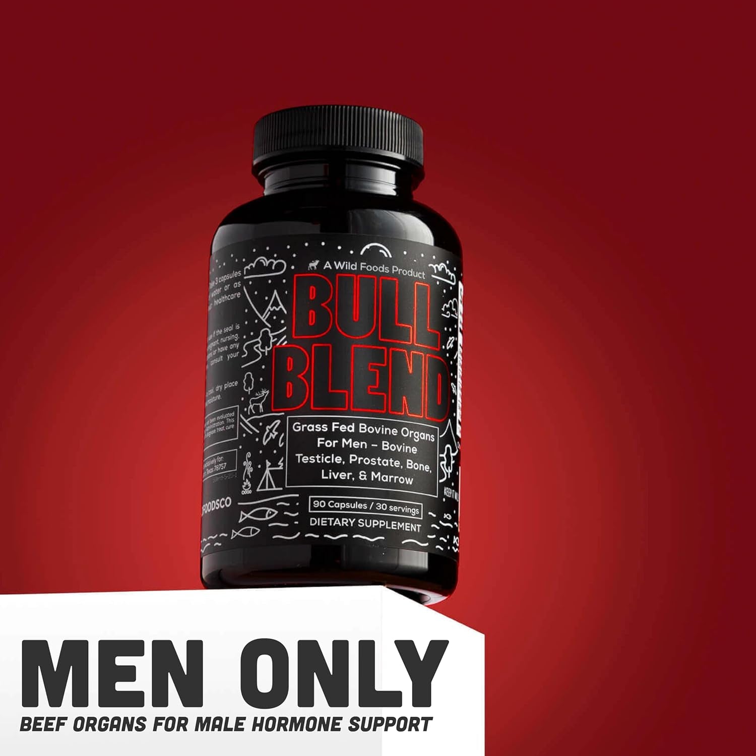 Wild Foods Men'S Testosterone Booster, Beef Organs Complex, Grass-Fed Bovine Supplement, Liver, Prostate, Testicle, Bone, 30 Day, 90 Capsules