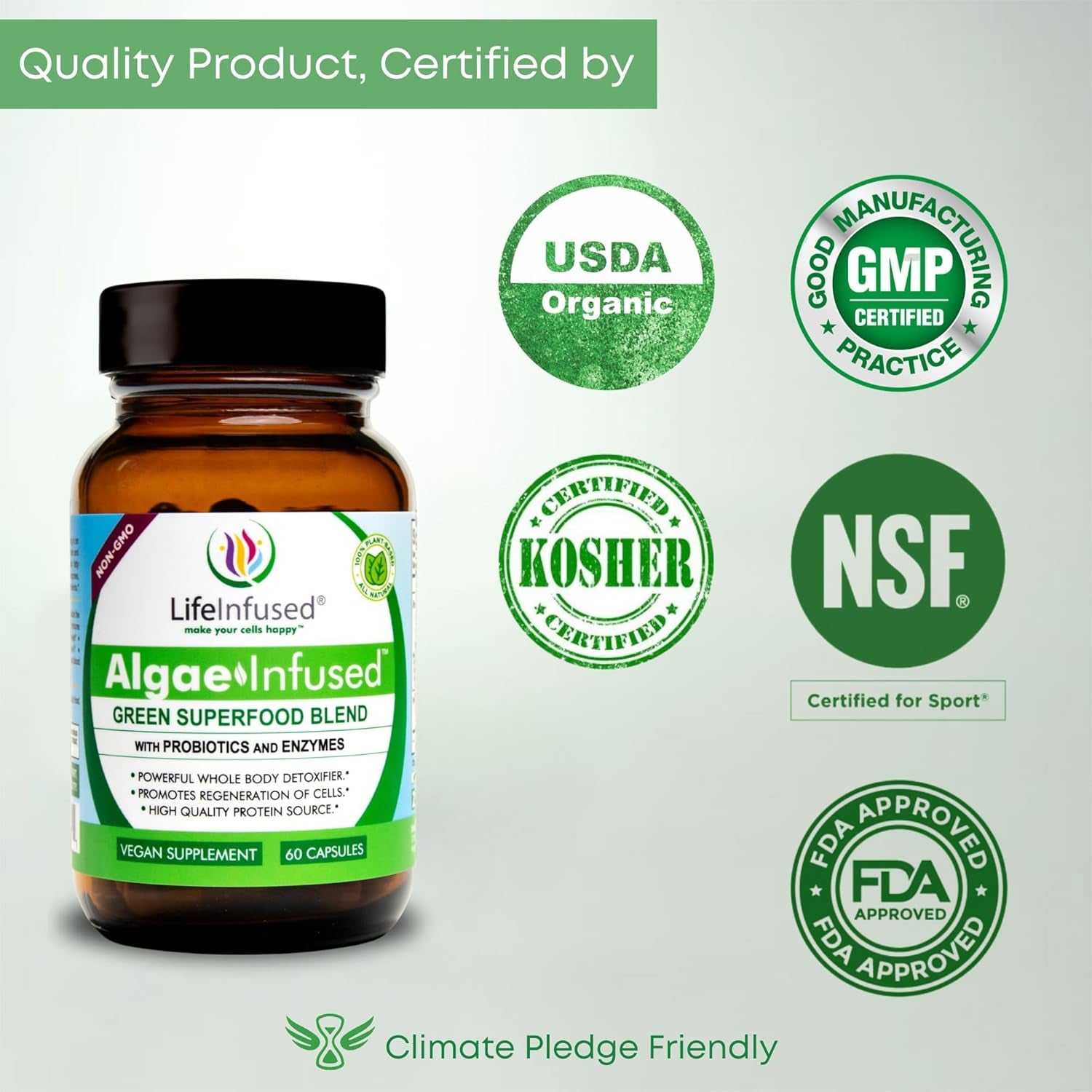Life Infused Algae Infused - Premium Green Superfood Blend, Spirulina, Chlorella, Probiotics & Enzyme for More Energy, Digestion, Detox & Immune Support: 60 Caps