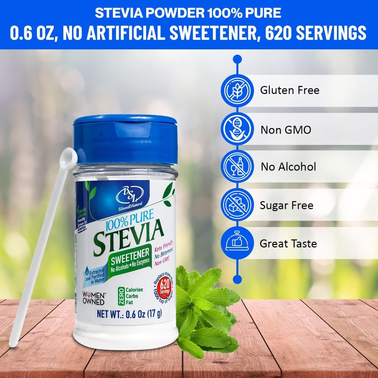 BSL 100% Pure Stevia Extract Powder without Erythritol 0.6 Oz, No Artificial Sweetener, 620 Servings | Stevia No Erythritol | Zero Calorie & Keto Friendly, Pure Stevia Powder