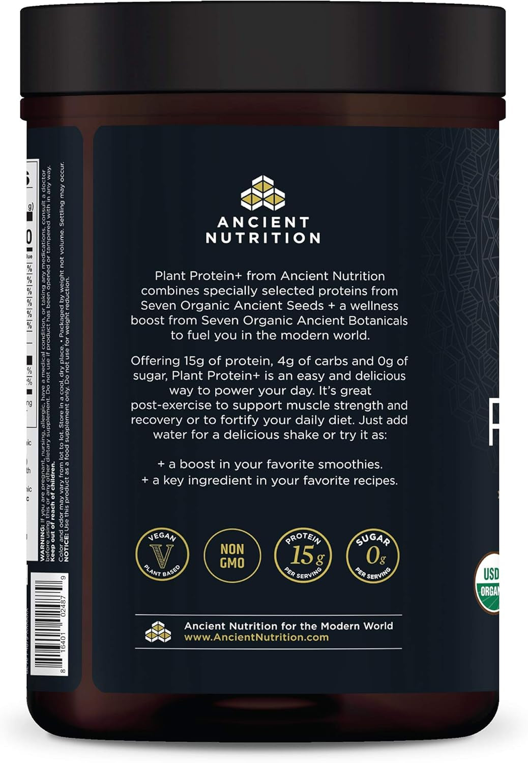 Ancient Nutrition Organic Plant Protein +, Vegan Plant Based Protein Powder, Vanilla, Dairy-Free, Gluten-Free, Non-Gmo, No Sugar Added, Paleo Friendly Supplement 11.5 Oz 