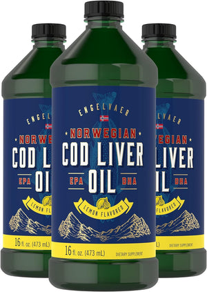 Carlyle Cod Liver Oil Liquid | 16 Fl Oz | Pack of 3 Bottles | Lemon Flavor | Norwegian | Non GMO, Gluten Free