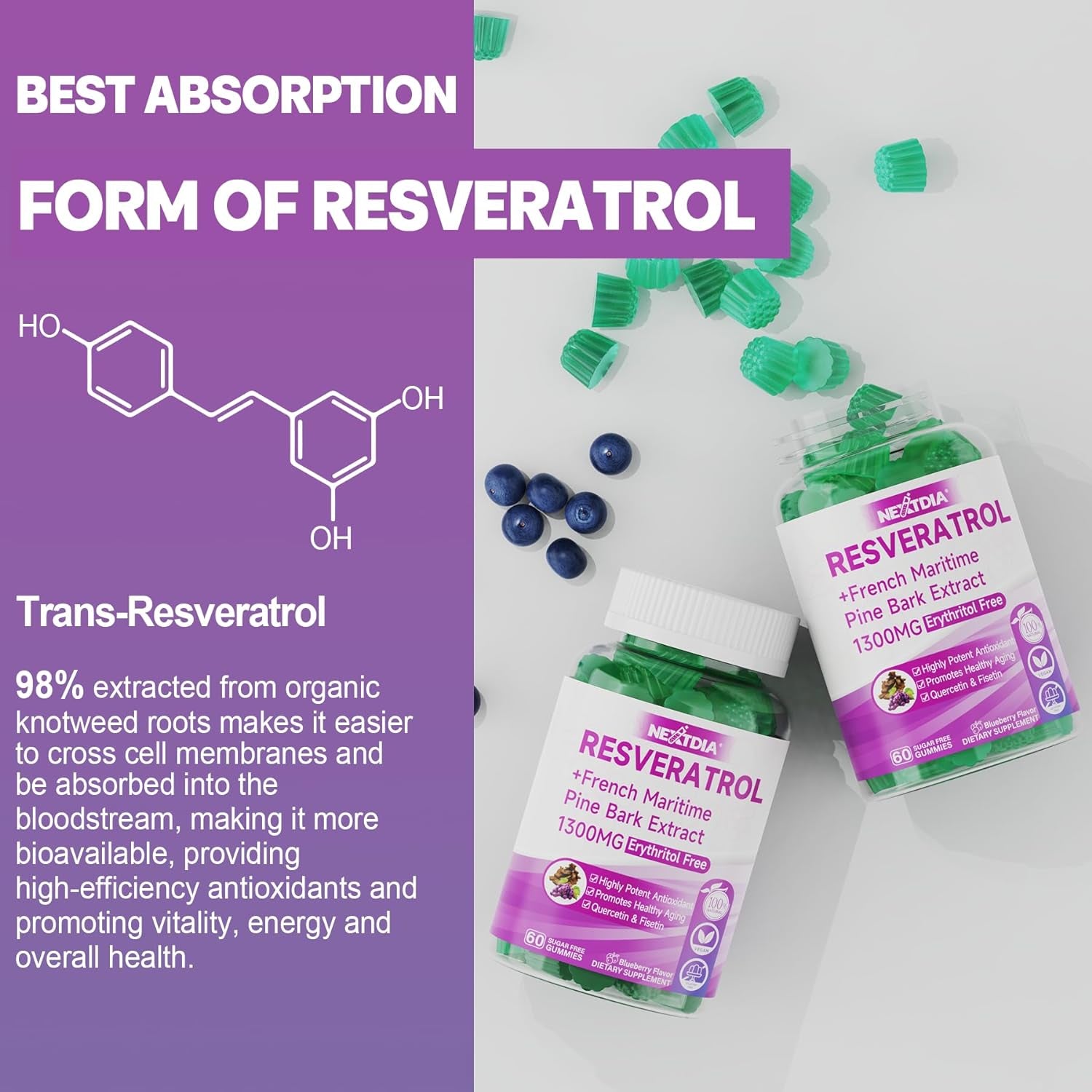 Resveratrol Supplement 1000Mg - Sugar Free Resveratrol Gummies W/Pine Bark Extract, Quercetin, Fisetin & Grape Seed for Antioxidant, Heart, Healthy Aging & Brain, 98% Pure Trans Resveratrol, 60 Cts 