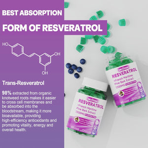 Resveratrol Supplement 1000Mg - Sugar Free Resveratrol Gummies W/Pine Bark Extract, Quercetin, Fisetin & Grape Seed for Antioxidant, Heart, Healthy Aging & Brain, 98% Pure Trans Resveratrol, 60 Cts 