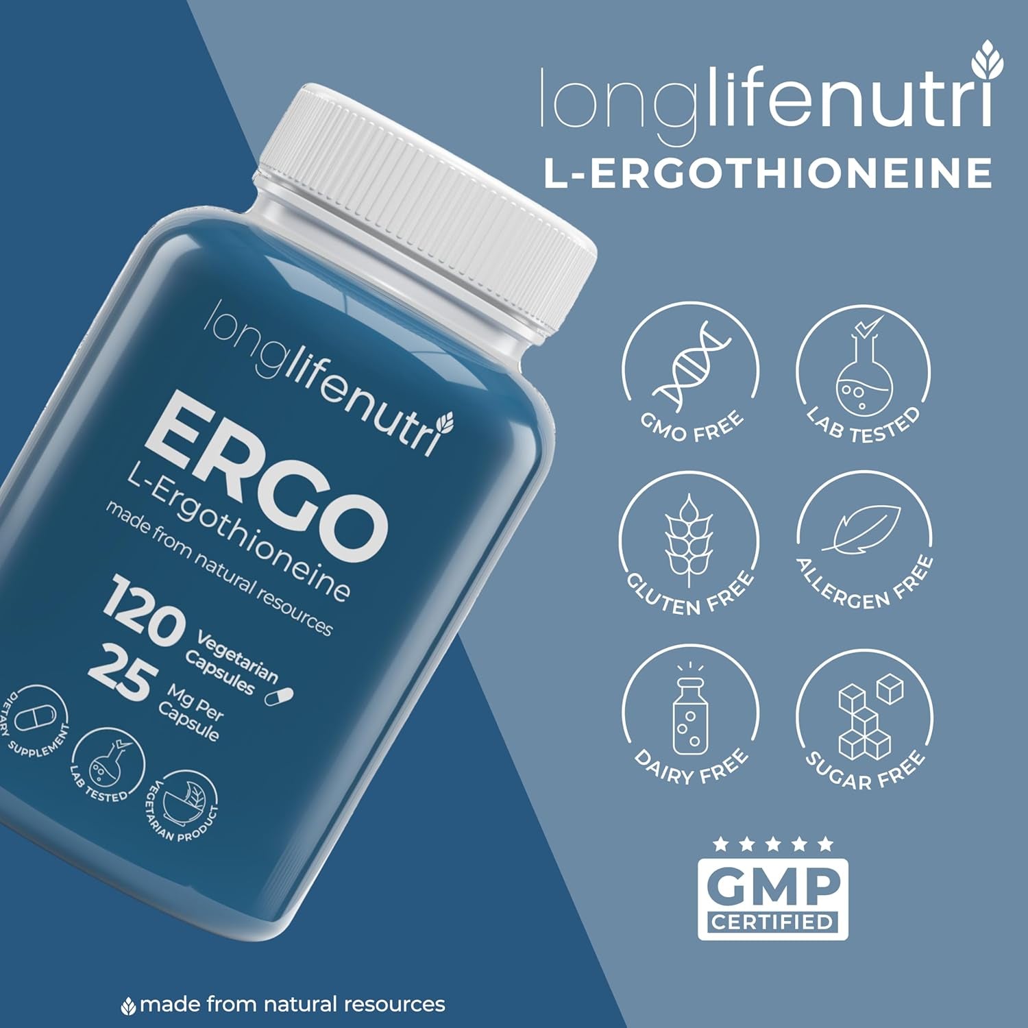 L-Ergothioneine 25Mg - 120 Vegetarian Capsules, 4-Month Supply, Natural Antioxidant & Plant-Based Supplement for Wellness Routine, Lab Tested, Made in USA