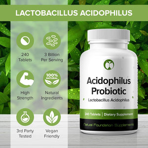 Lactobacillus Acidophilus Probiotic Supplement 240 Tablets 3 Billion CFU Probiotics for Men & Women Supports Intestinal Digestive & Gut Health Made in the USA (240, Lactobacillus Acidophilus)