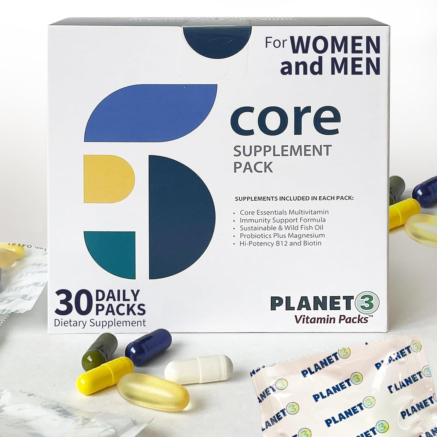 Planet 3 Vitamin Packs, Energy, Immune & Heart Support with Multivitamin, Vitamin D, Probiotics, Biotin, B12, Omega 3, Lutein - Daily Vitamins for Both Men & Women, Core Supplements, 30 Daily Packs