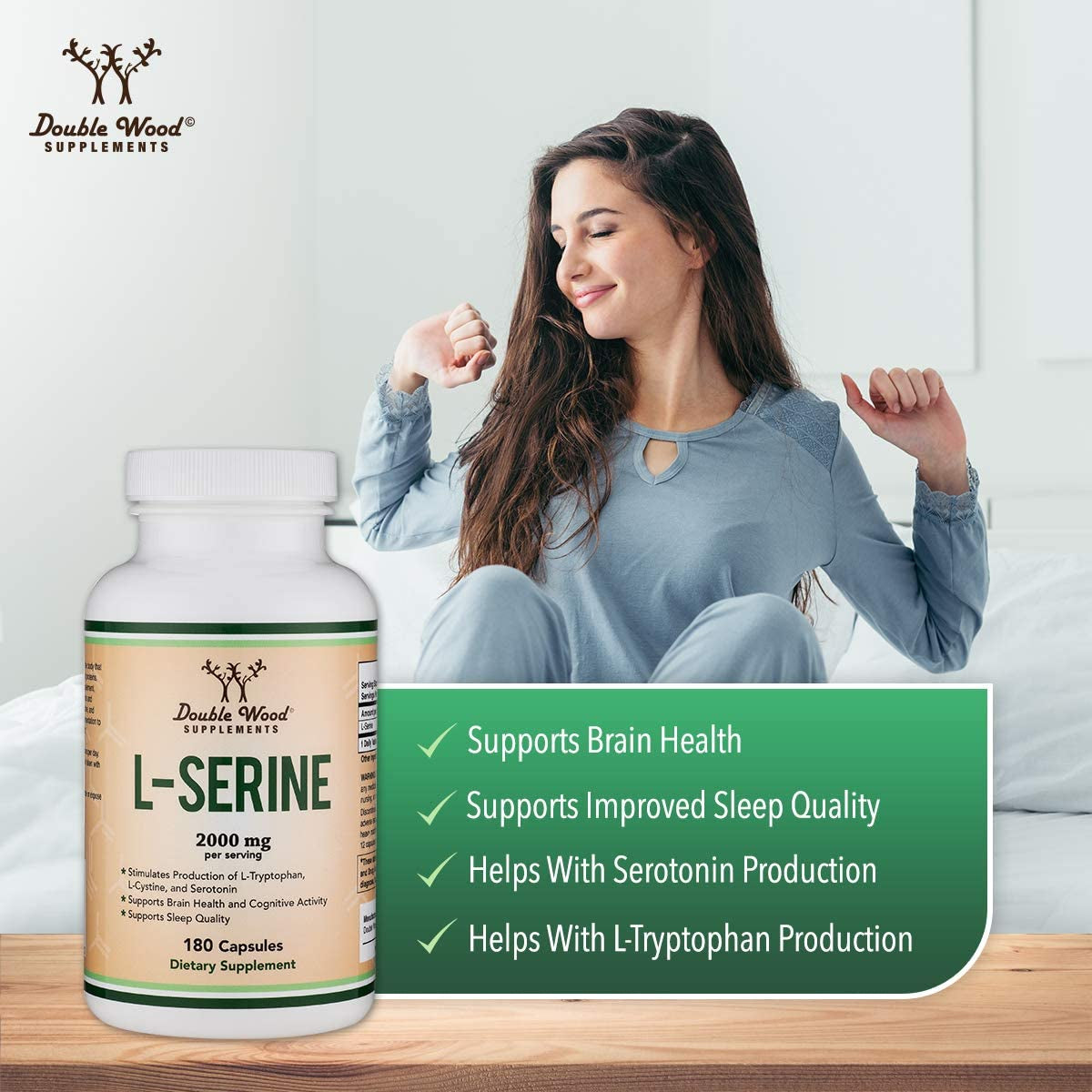 L-Serine Capsules (Third Party Tested) - 2,000Mg Servings Used in Clinical Study, 180 Count, 500Mg per Capsule (L Serine Amino Acid for Serotonin Production and Brain Support) by Double Wood 
