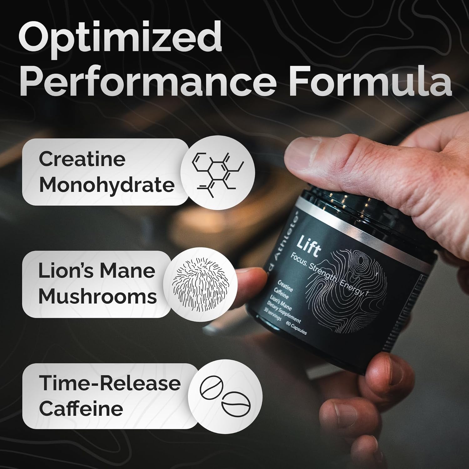 Lift – Lions Mane Mushroom Supplement - Brain Booster for Focus, Energy, & Productivity – Time Release Caffeine & Creatine – Nootropics, Mushrooms, Performance Formula, 60 Capsules 