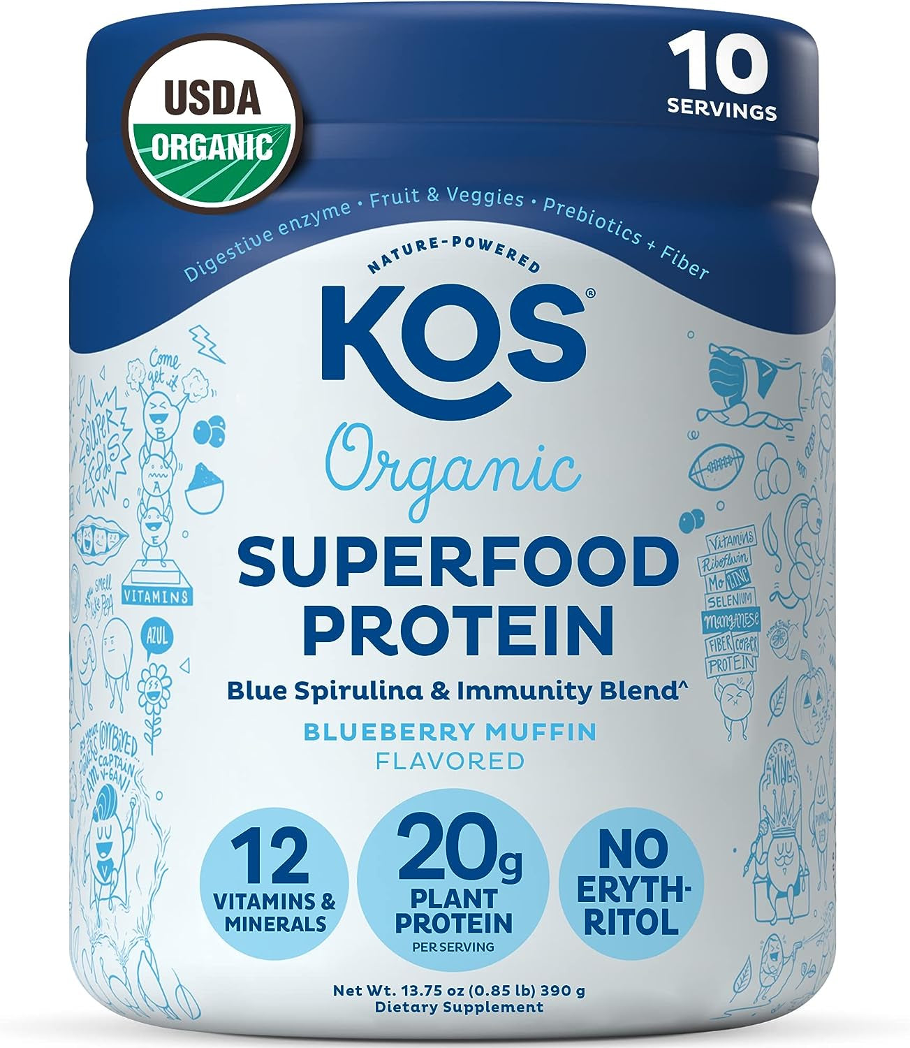 KOS Plant Based Protein Powder, Blueberry Muffin - Organic Pea Protein Superfood with Spirulina and Immune Support Blend. Soy, Gluten, Dairy Free - Vegan Meal Replacement for Women & Men - 10 Servings