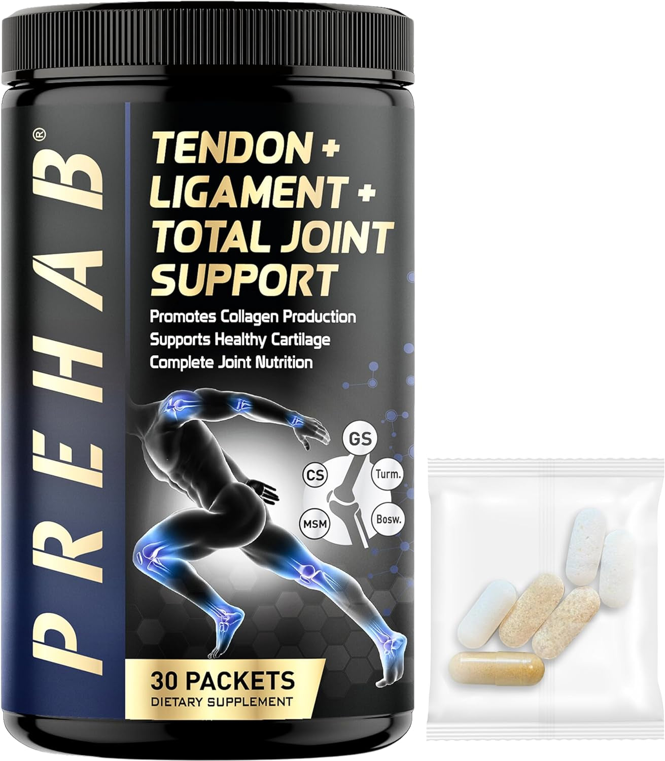 PREHAB Tendon + Ligament + Total Joint Support | Joint Supplement for Athletes | 40 Ingredient Super Complex | Glucosamine Chondroitin MSM Turmeric Boswellia | Premium Tendon Ligament Joint Supplement 
