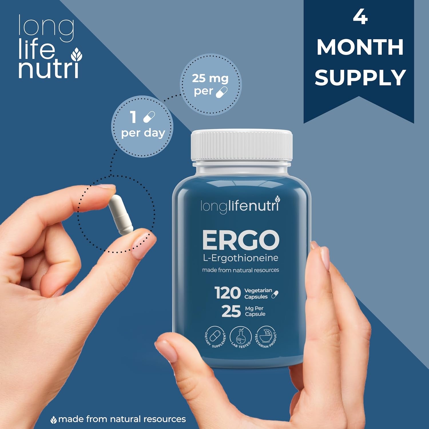 L-Ergothioneine 25Mg - 120 Vegetarian Capsules, 4-Month Supply, Natural Antioxidant & Plant-Based Supplement for Wellness Routine, Lab Tested, Made in USA