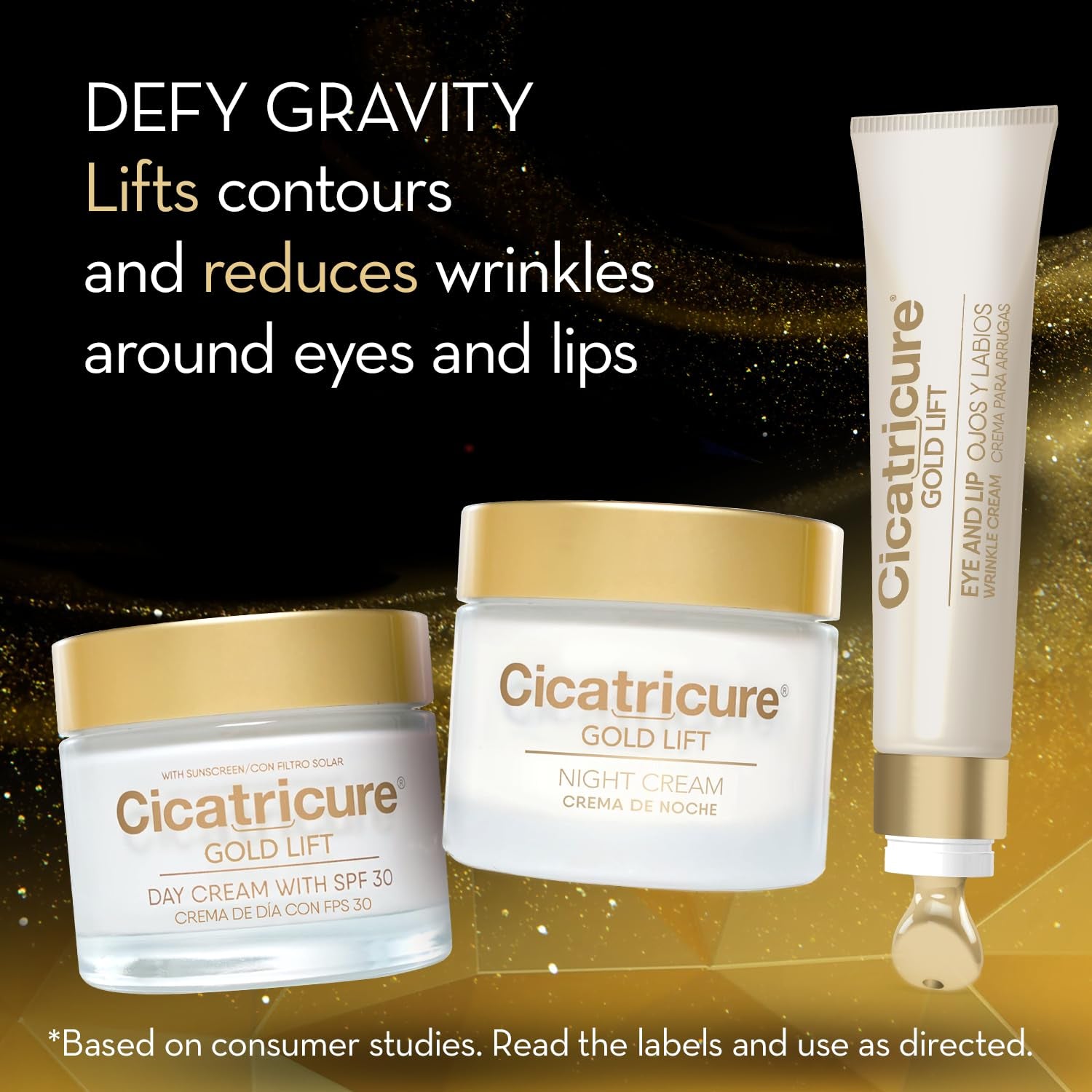 CICATRICURE Gold Lift anti Gravitational Wrinkles Skin Care Gift Set with Day Anti-Wrinkle Cream + SPF 30 , Night Anti-Wrinkle Cream & Dual Contour Eye and Lip Wrinkle Cream, 3 Piece Set