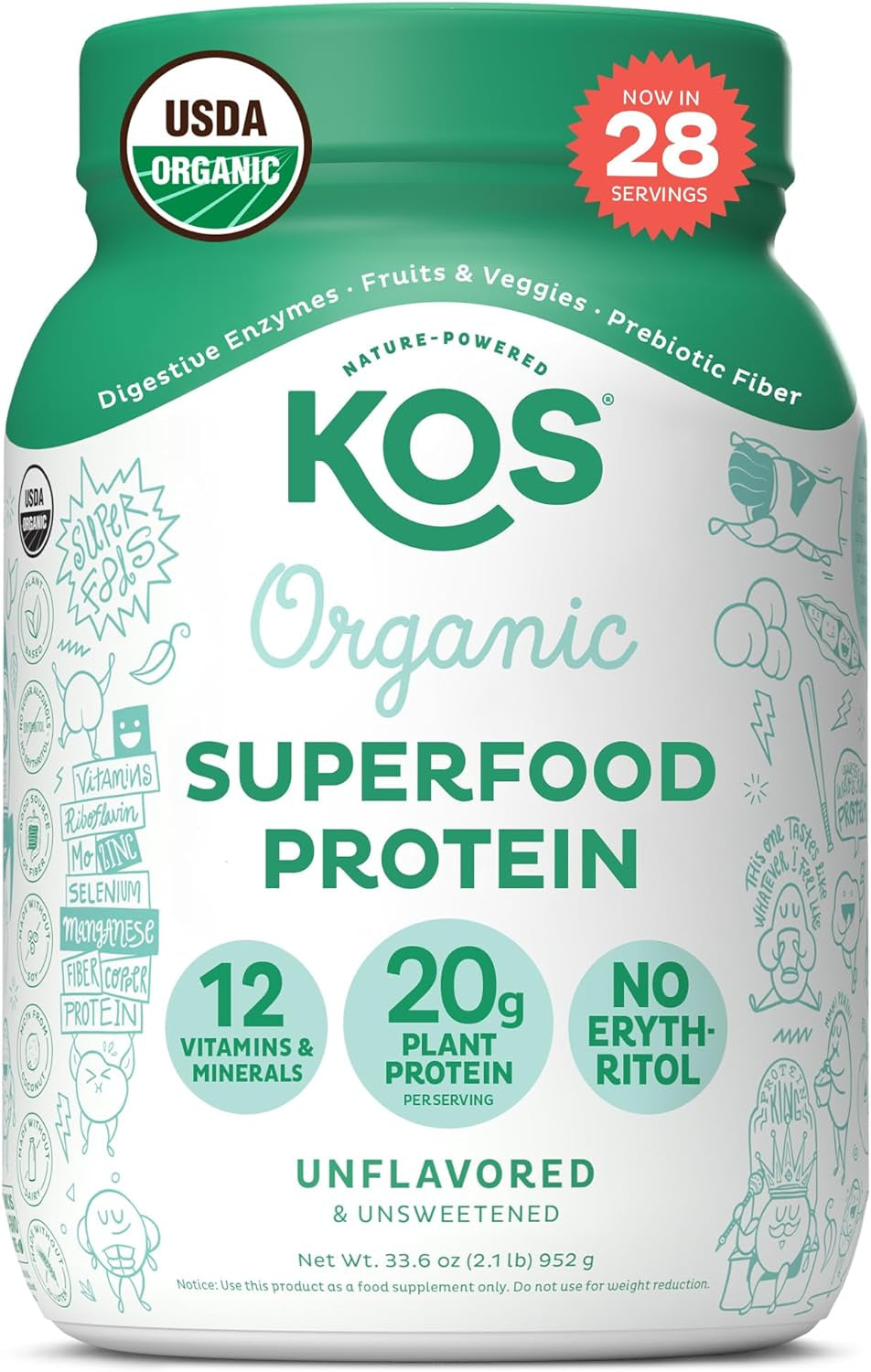 KOS Vegan Protein Powder, Unflavored & Unsweetened - Low Carb Pea Protein Blend, Organic Superfood Rich in Vitamins & Minerals - Keto, Soy, Dairy Free - Meal Replacement for Women & Men - 28 Servings