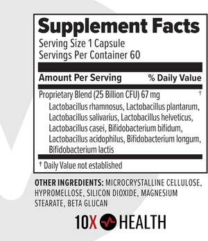 10X Health Probiotics - Immune Support Supplement & Probiotics for Digestive Health W/Lactobacillus Acidophilus, Rhamnosus & Bifidobacterium Longum, Dietary Supplements W/Essential Enzymes (60 Caps)