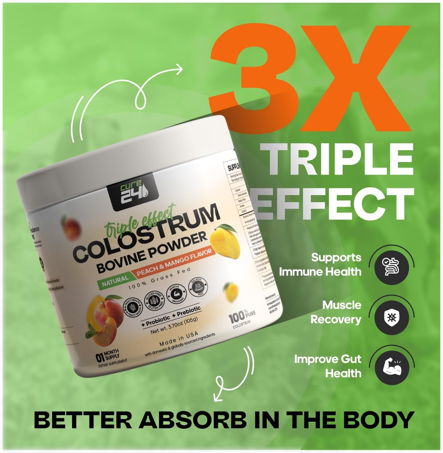 Bovine Colostrum X3 Supplement Powder for Humans, 100% Pure Whole Natural Grass Fed Superfood, High Igg, plus Probiotic & Prebiotic, Natural Peach-Mango Flavor, Made in USA