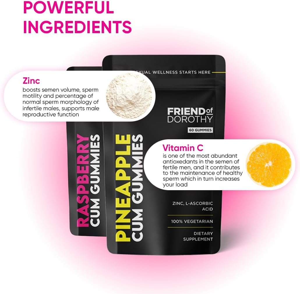 – 100% Vegetarian Pineapple C*M Gummies – Improves Sperm Volume and Load – Semen Volume Supplement – 60 Capsules in Pouch - 1 Month Supply