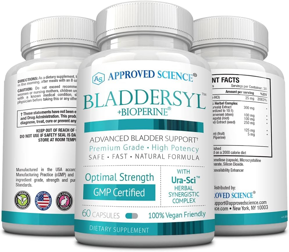 Approved Science Bladdersyl - Urinary Incontinence, Bladder Support - High Absorption - 180 Capsules - 3 Month Supply - Vegan